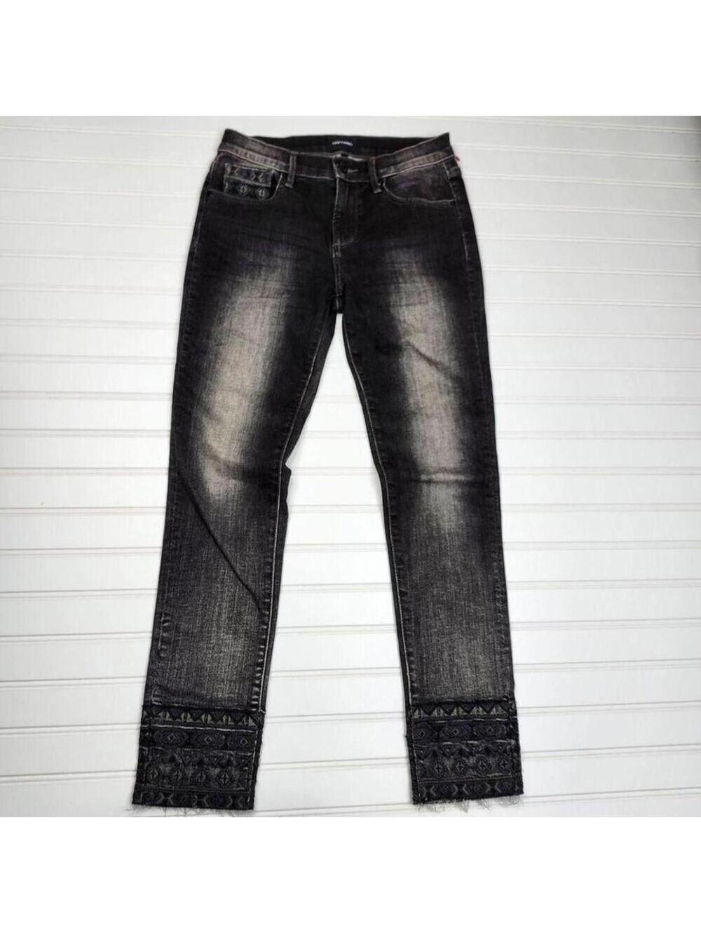 Driftwood Women's Mid Rise Black Gray Skinny Jeans Embroidered Cuffs Size 26